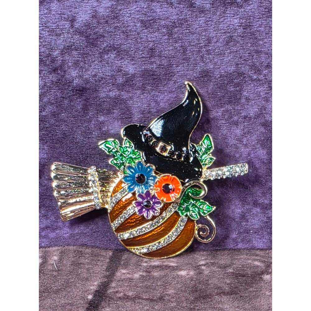 Halloween Witch Hat Pumpkin Brooch Pin Flowers Rhinestones Gold Tone